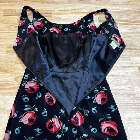 Esprit Vintage Black Velvet Floral Dress Pink Blue Roses Sz 5/6 - Picture 9 of 15